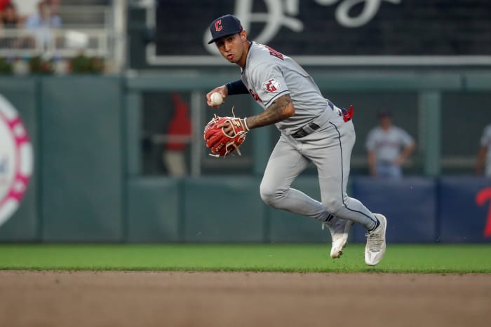 Jun 2, 2023; Minneapolis, Minnesota, USA; Cleveland Guardians shortstop Brayan Rocchio (6) fields a ball hit by the Minnesota Twins in the sixth inning at Target Field. Mandatory Credit: Bruce Kluckhohn-USA TODAY Sports